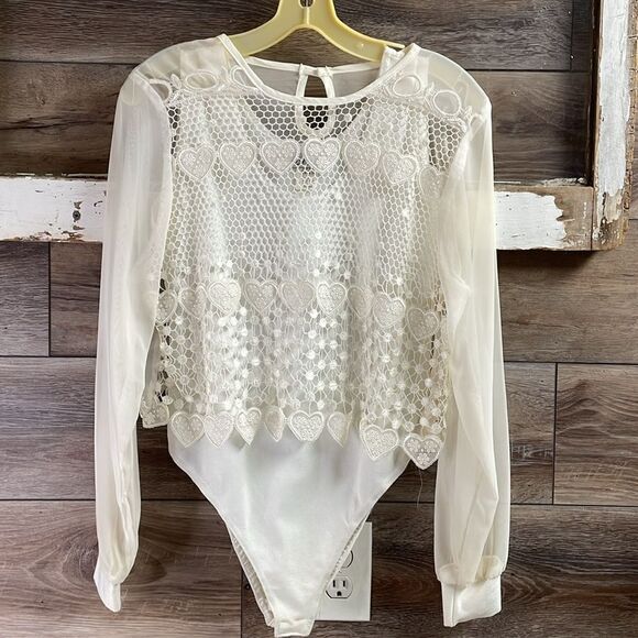 SAM Fashion White 2 Pc Lace Overlay Body Suit,Size Med,White,Lace Heart Overlay - Picture 2 of 11